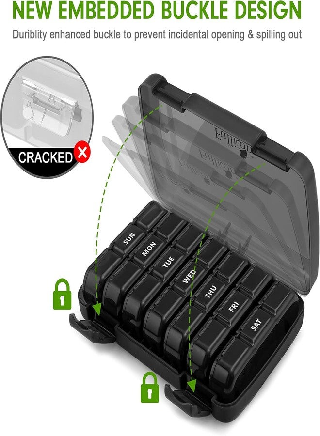 Bitnex منظم حبوب Bitnex الأسبوعي، ثلاث مرات في اليوم، علبة حبوب محمولة للسفر، تكفي 7 أيام، مع حاويات حبوب كبيرة، علبة حبوب مقاومة للرطوبة للفيتامينات والأدوية والمكملات الغذائية وزيوت السمك (أسود) (علبة أدوية لمدة 7 أيام) - Image 3